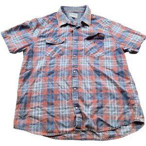 Pearl Snap Shirt Mens XL Blue Orange Button Up Plaid Western